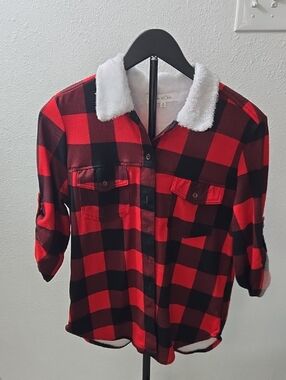 Eden & Olivia Red and Black Plaid Sherpa Collar Button-Down